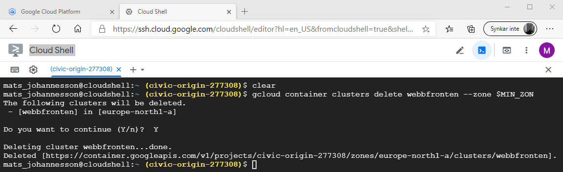 gcloud container clusters delete